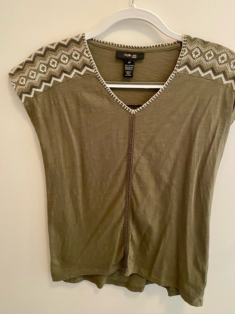 Petite Style & Co. Olive Green Embroidered V-Neck Top